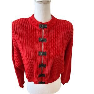 Vintage Liz Claiborne Liz Wear Chunky Knit Cropped Cotton Cardigan Sweater Red